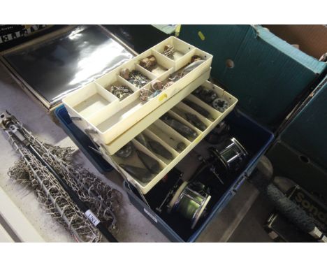 A plastic cantilever fishing tool chest comprising two fishing reels, breakaway leads, hooks etc.