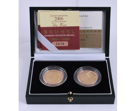 
	
		ELIZABETH II, GOLD PROOF TWO-POUNDS 2006 (2)
		BRUNEL TWO-COIN SET
		Reverses Brunel portrait and Paddington station, wt