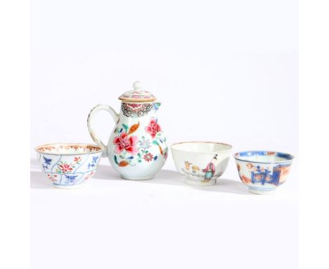 A late 18th Century Chinese famille rose sparrow beak lipped jug and non-contemporary cover, 11cm high, a Chinese Imari patte