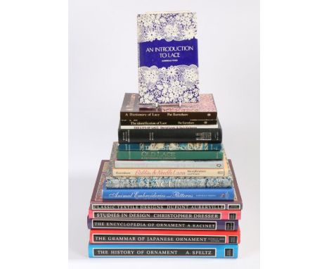 A collection of textiles and lace related books, Raffaella Serena Animal embroideries and patterns, Dupont Auberville classic