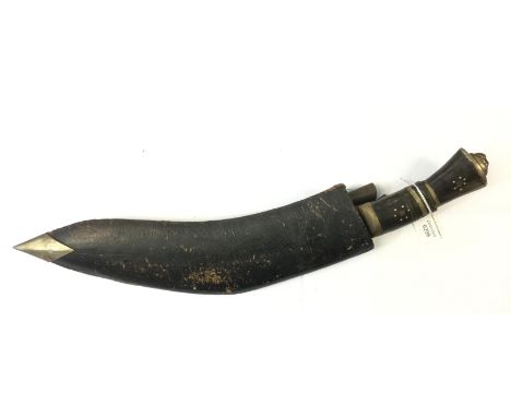 Gurhka Kukri knife with 30cm long plated steel blade with punch mark decoration marked "India". Horn grip with Lions head dec