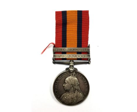 Queens South Africa Medal with South Africa 1902 and Transvaal clasps to 4366 Pte R Thompson, North Staffordshire Regt. Compl