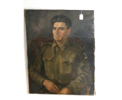 WW2 British Portrait in Oils of a British Army Private Soldier wearing a US War Aid Battledress with 5th (Yorkshire) Infantry