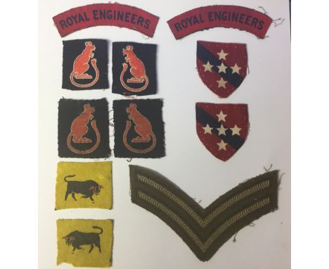 WW2 British cloth formation signs and paperwork group: Pair 11th Armoured Division (Printed on felt, some moth) pair: Pair 7t