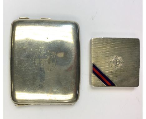 A George V silver cigarette case, the cover engraved with the Leicestershire Prince Albert's Own Yeomanry arms above banner: 