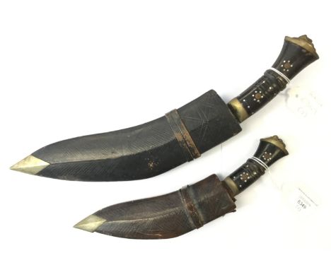 WW2 British Soldiers Souvenir Kukri knives: One with 23cm long blade, no markings, complete with scabbard but only one small 