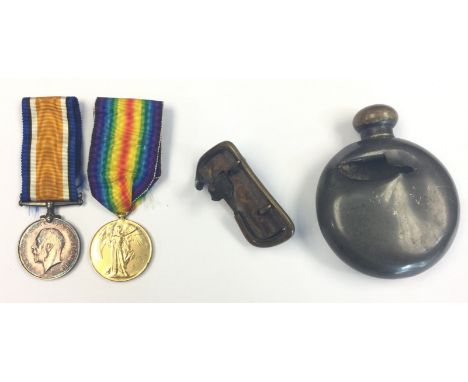 WW1 British Officers medal group and shrapnel damaged items belonging to Lt. ON Sidebottom, (Cheshire Regt) comprising of War