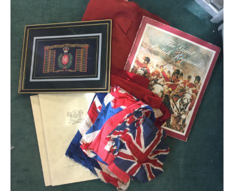 A collection of various screen printed WW2 Era Union Jack Flags: a Large British Army Queens Crown Flag, screen printed and d