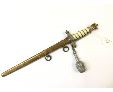 WW2 Third Reich Kriegsmarine Officers dagger. 25cm long double fullered blade with Sailing Ship etched panels by "FW Holler, 