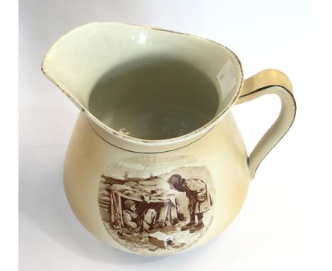WW1 British Ceramic Water Jug with Bruce Bairnsfather cartoon decoration. Underside reads "Made by the Girls of Staffordshire