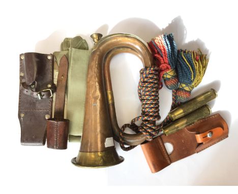 A collection of various items: British Military Brass &amp; Copper Bugle. No makers mark. Complete with decorative cords. Plu