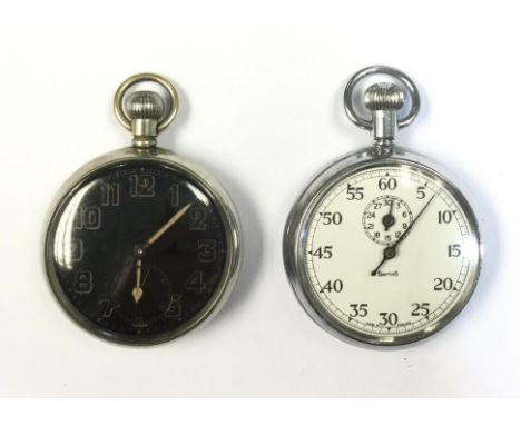 WW1 British Royal Artillery issue pocket watch with black dial with Arabic numerals, seconds dial, runs and ticks, reverse ma
