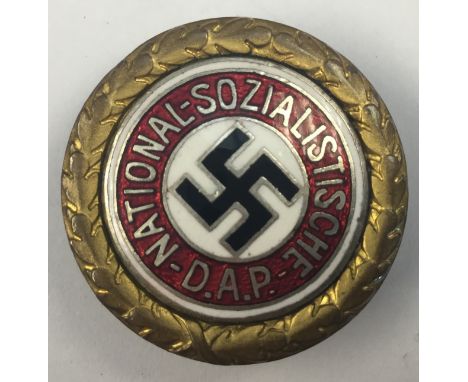 WW2 Third Reich Goldenes Ehrenzeichen der NSDAP. Golden Party Membership badge. Small version with button hole attachment. Pa