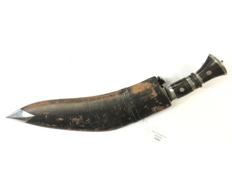 Gurhka Kukri knife with 31cm plated blade. No markings. Complete with both small knives and black leather covered wooden scab