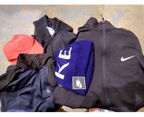 Five mixed Nike and Adidas jackets, size M, and two caps. Not available for in-house P&amp;P 