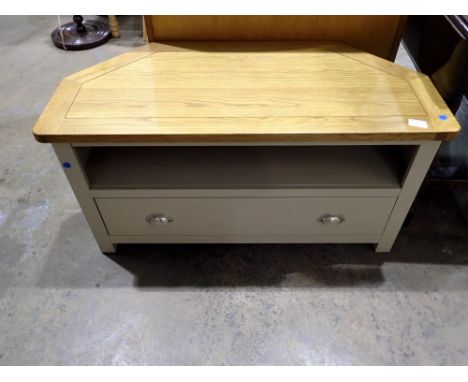 Modern pine topped entertainment unit with shelf and drawer. Not available for in-house P&amp;P 