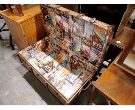 Travelling trunk, lined with NY backing sticker paper, 50 x 90 x 5ocm H. Not available for in-house P&amp;P 