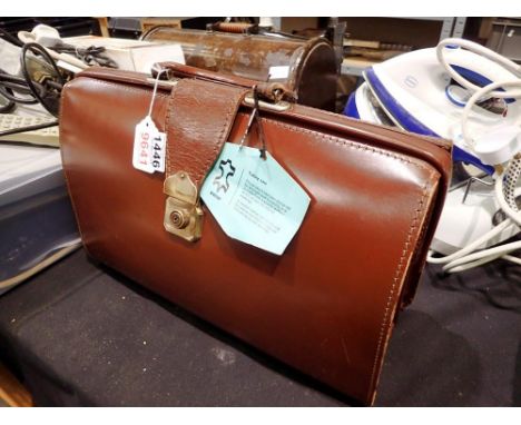 Vintage leather Grosvenor briefcase with Cheyney lock with original label and key, W: 43 cm, H: 30 cm. Not available for in-h