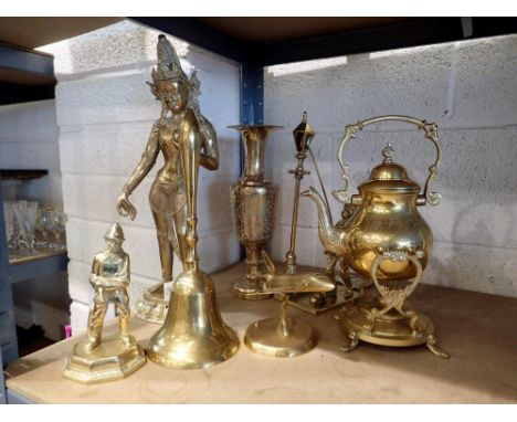 Shelf of mixed brass items including a space shuttle. Not available for in-house P&amp;P 