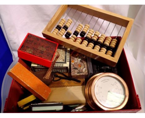 Box of collectables including an abacus, binoculars and jewellery. Not available for in-house P&amp;P 