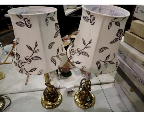 Pair of brass lamps with floral embroidery. All electrical items in this lot have been PAT tested for safety and have passed.