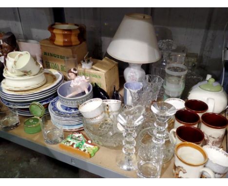 Shelf of mixed glass and ceramics, including Bunnykins. Not available for in-house P&amp;P 