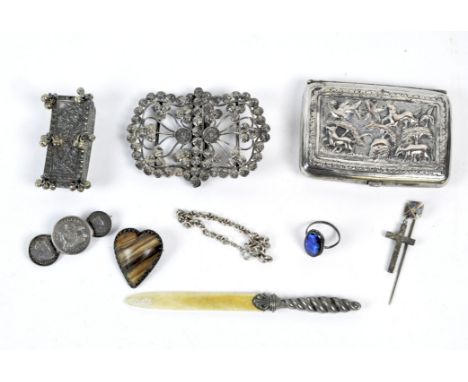 A collection of silver and white metal jewellery, to include a middle eastern cigarette case, snuff box, belt buckle and more