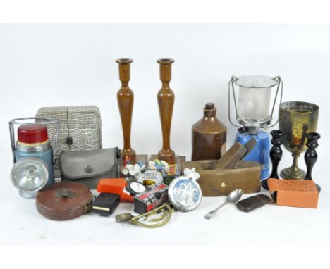 Mixed collectables, including wooden candlesticks, etui set, lamp and more