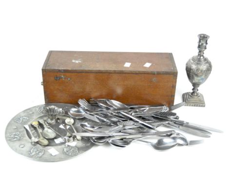 A collection of silver and silver plated wares, including a large quantity of flatware, a set of silver sugar tongs, two silv