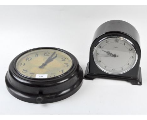 A Smiths wall clock and a similar Smiths mantle clock, both bakelite cased with Arabic numerals denoting hours, the wall cloc