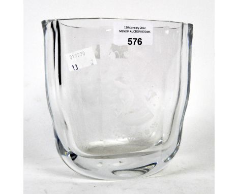 A post war Orrefors clear crystal vase designed by Edvin Ohrstrom, of compressed waisted form with slice cut panels, the fron