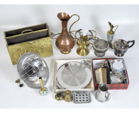 A large assortment of various metalware items, including Radar heater, silver plated teapot, converted brass oil lamp and mor