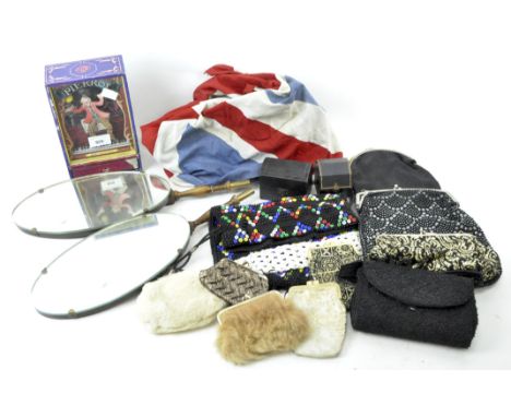 A collection of ephemera and ladies accessories, including a variety of purses, two hand mirrors, a vintage Union Jack fabric