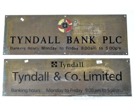 Two metal and enamel Tyndall signs reading 'Tyndall &amp; Co. Limited' 27cm x 91cm and 'Tyndall Bank Plc', 30cm x 91cm