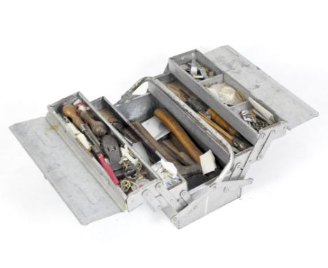 A metal cantilever tool box of vintage and modern tools