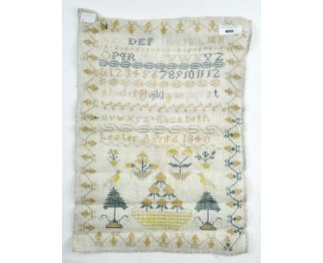 A Victorian alphanumeric sampler, by 'Elizabeth Lester, April 6 1840', decorated with birds, flowers and trees, bordered with