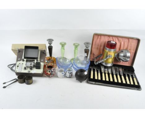 A group of assorted collectables to include cased vintage flatware, candlesticks, lamp, H&amp;G Movie Editor, travelling iron