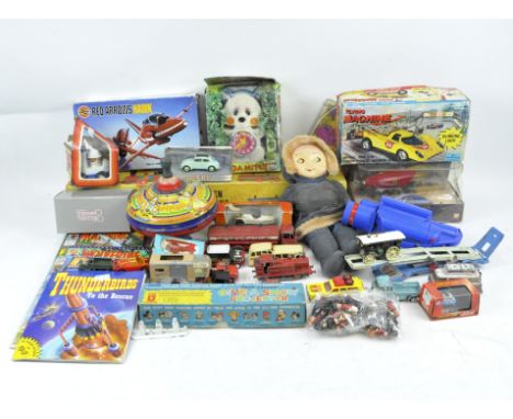 A selection of assorted vintage games and toys, including playworn Matchbox and Dinky diecast, airfix models, a wooden train 