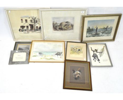 A group of contemporary pictures, to include a watercolour of cottages in front of water, scenes of African villagers and a Z