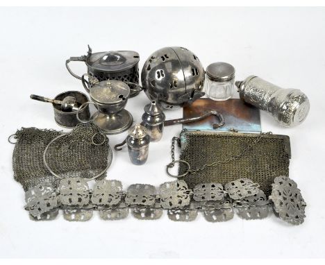 A collection of silver plate, to include an EPNS cruet set, a EPNS belt, a pepper grinder, two mesh purses and more