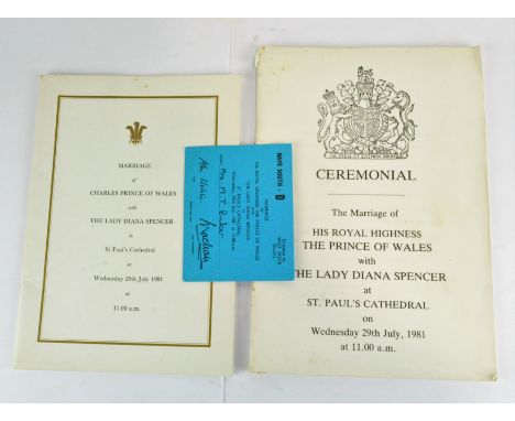 A selection of documents related to the marriage of Prince Charles and Diana, including a copy of 'The Solemnization of the M