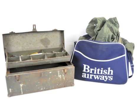 A vintage metal toolbox and contents and a retro British Airways bag containing a green cotton jacket and assorted leather be