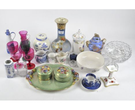 A selection of ceramics and glassware, including a pair of Tuscan lidded pots with matching tray, a Coalport candlestick, thr