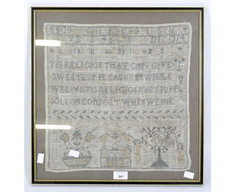 A Victorian alphanumeric sampler, signed 'Mary Jessica ----- 1986', 42cm x 31cm, framed