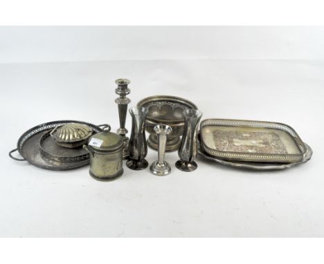 A collection of vintage silver plate to include a pair of mounted glass vases, height 17cm, a candlestick, footed dish, trays