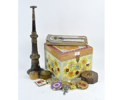 A wooden box painted with floral decoration containing assorted collectables, including an inlaid straw work and mother of pe