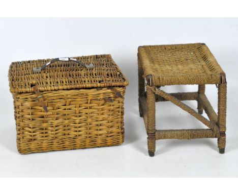 A wicker stool and hamper, the hamper with a hinged lid and carry handle to the top, the stool of rectangular form, height 34