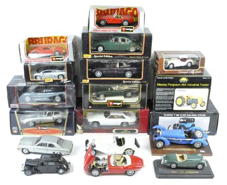 A large collection of model cars by Maisto, Saico, Burago, and others, including an E-type Jaguar, Bugatti type 59, Ferrari 2