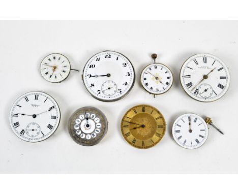 A collection of eight vintage pocket watch movements with dials, to include two Walthams