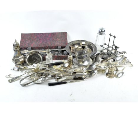 A collection of 19th century and later silver plate, to include a sugar shaker, flatware, condiment stand, circular dish, a c